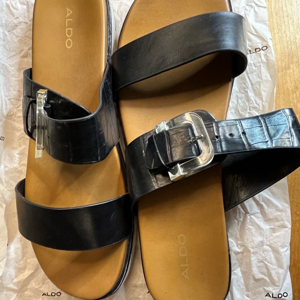 Aldo Black Slide Sandals with Silver Buckles